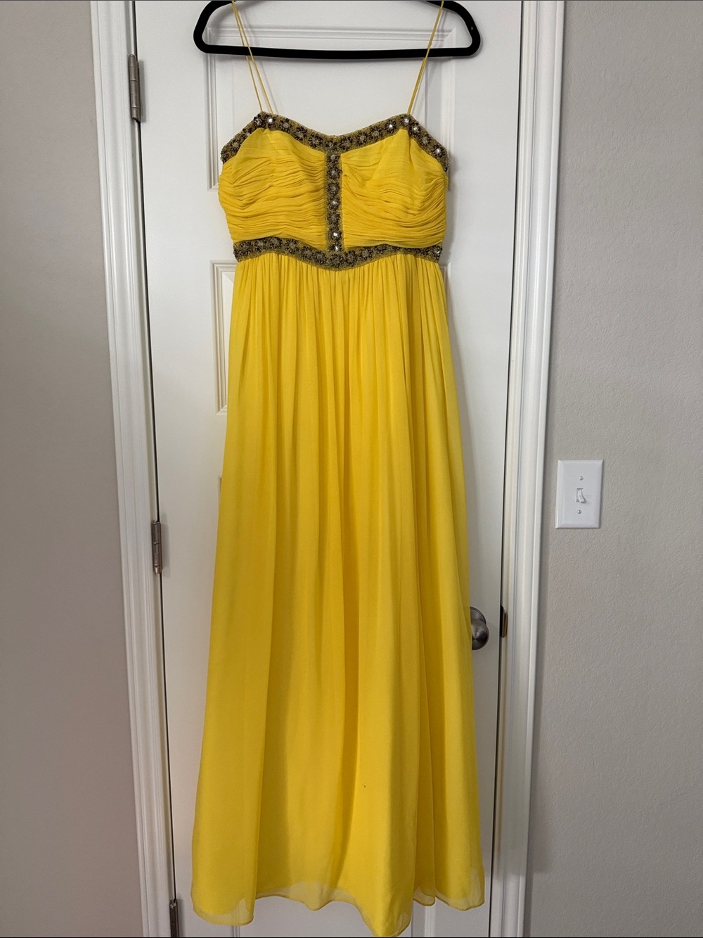 Aidan Mattox Yellow Beaded Spaghetti-Strap Maxi Dress